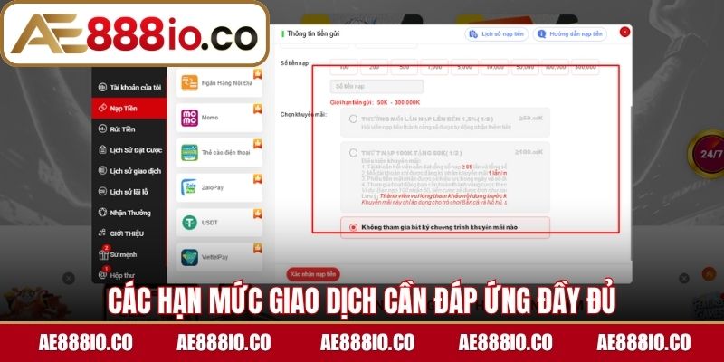 Các hạn mức giao dịch cần đáp ứng đầy đủ