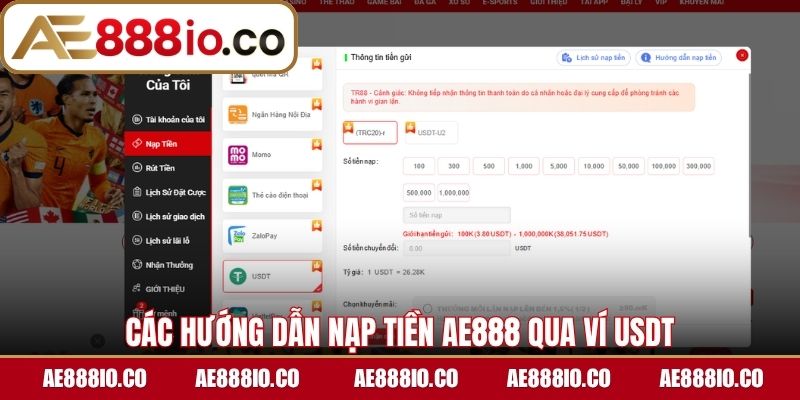 Các hướng dẫn nạp rút AE888 qua ví USDT